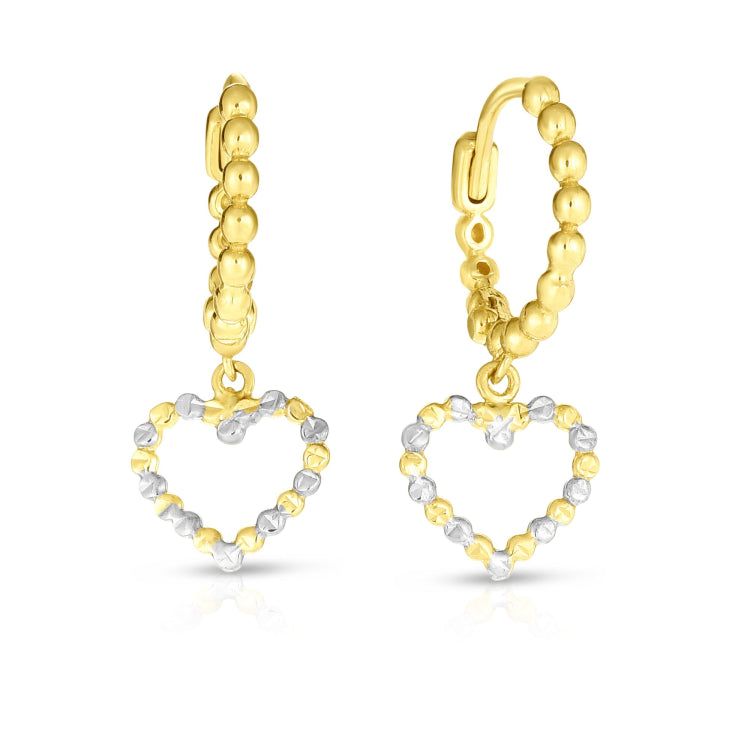 14K Yellow & White Gold Beaded Dangle Heart Drop Earring 14K Yellow & White Gold Beaded Dangle Heart Drop Earring
