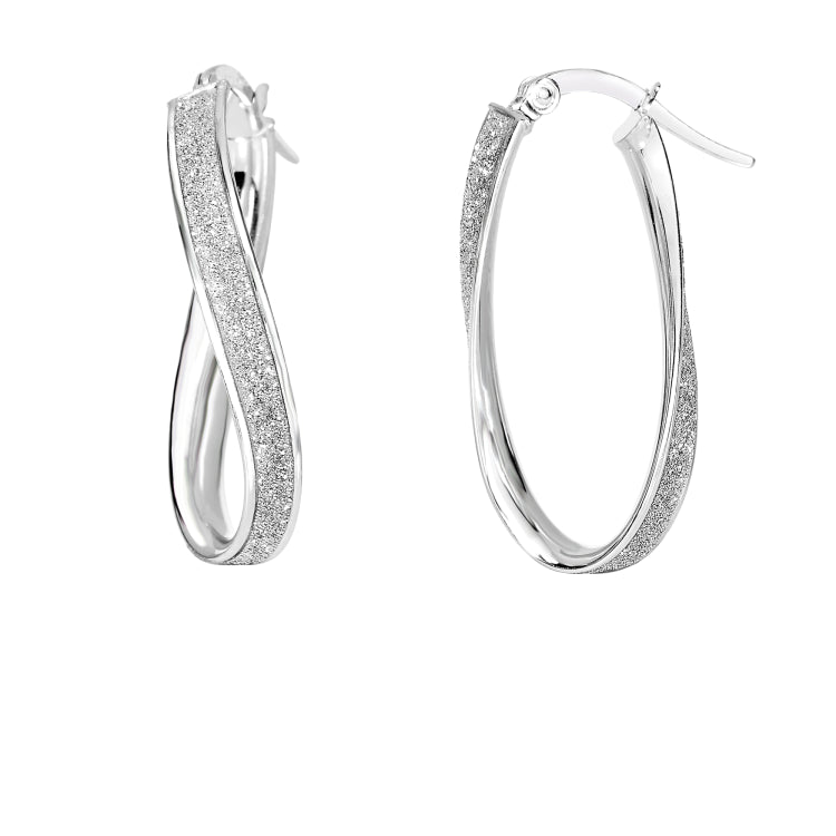 14K White Gold Twisted Oval Glitter Hoop Earring 14K White Gold Twisted Oval Glitter Hoop Earring