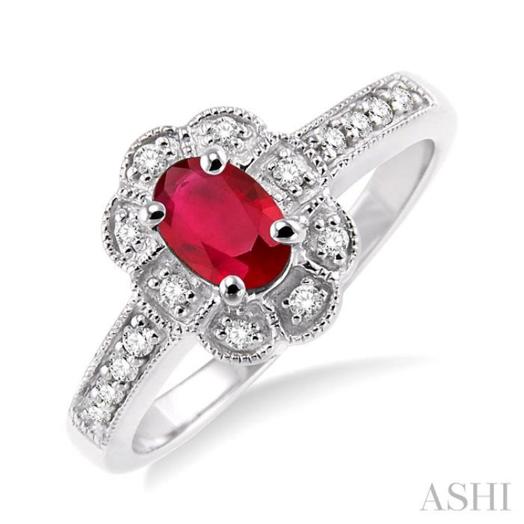6x4 MM Oval Cut Ruby and 1/6 Ctw Single Cut Diamond Ring in 14K White Gold 6x4 MM Oval Cut Ruby and 1/6 Ctw Single Cut Diamond Ring in 14K White Gold