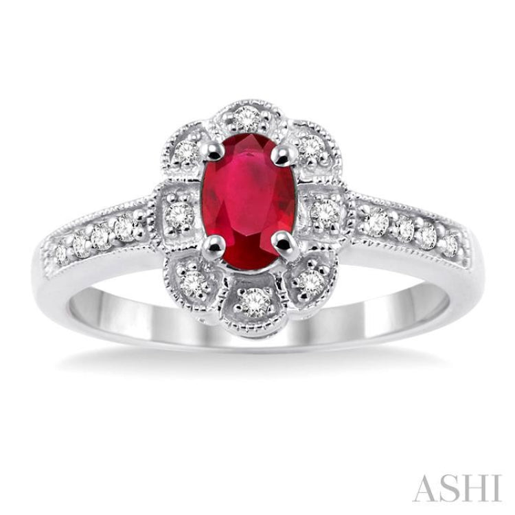 6x4 MM Oval Cut Ruby and 1/6 Ctw Single Cut Diamond Ring in 14K White Gold 6x4 MM Oval Cut Ruby and 1/6 Ctw Single Cut Diamond Ring in 14K White Gold