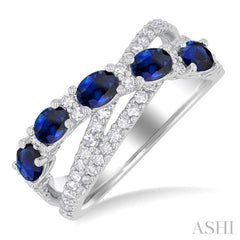 4x3 MM Oval Cut Sapphire and 1/2 Ctw Single Cut Diamond Split Criss-Cross Precious Band in 14K White Gold 4x3 MM Oval Cut Sapphire and 1/2 Ctw Single Cut Diamond Split Criss-Cross Precious Band in 14K White Gold