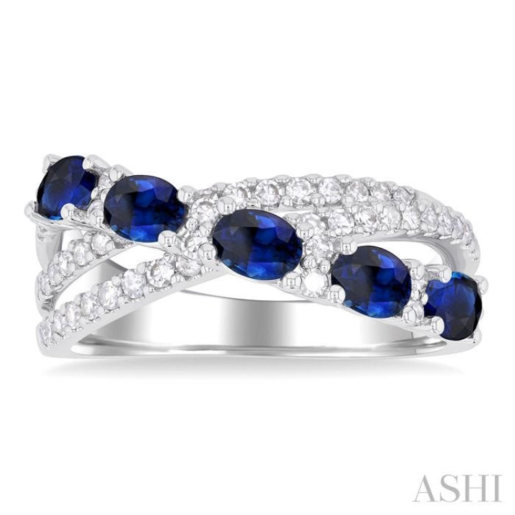 4x3 MM Oval Cut Sapphire and 1/2 Ctw Single Cut Diamond Split Criss-Cross Precious Band in 14K White Gold 4x3 MM Oval Cut Sapphire and 1/2 Ctw Single Cut Diamond Split Criss-Cross Precious Band in 14K White Gold
