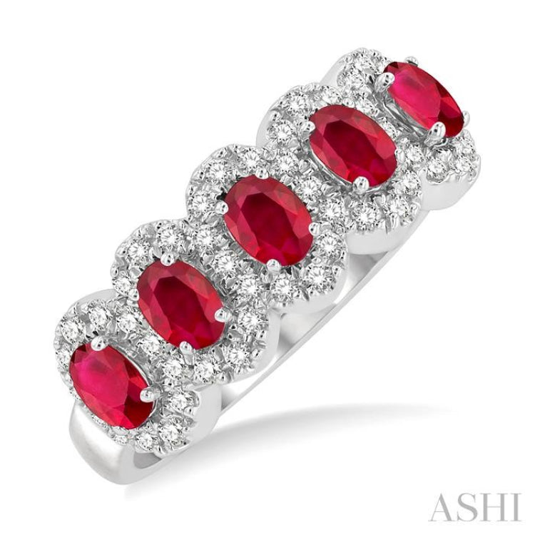 4x3 MM Oval Cut Ruby and 1/3 Ctw Round Cut Diamond Precious Wedding Band in 14K White Gold 4x3 MM Oval Cut Ruby and 1/3 Ctw Round Cut Diamond Precious Wedding Band in 14K White Gold