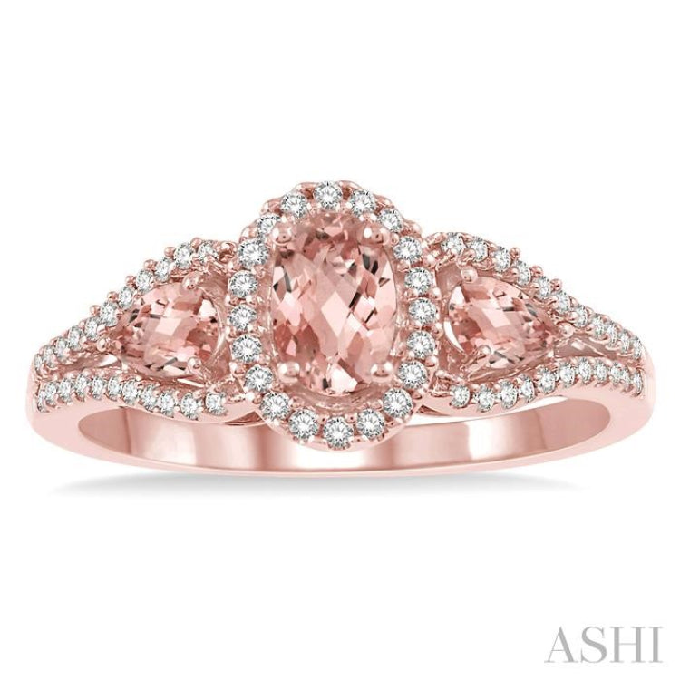 6x4 MM Oval Cut and 5x3 MM Pear Cut Morganite and 1/5 Ctw Round Diamond Semi-Precious Ring in 10K Rose Gold 6x4 MM Oval Cut and 5x3 MM Pear Cut Morganite and 1/5 Ctw Round Diamond Semi-Precious Ring in 10K Rose Gold