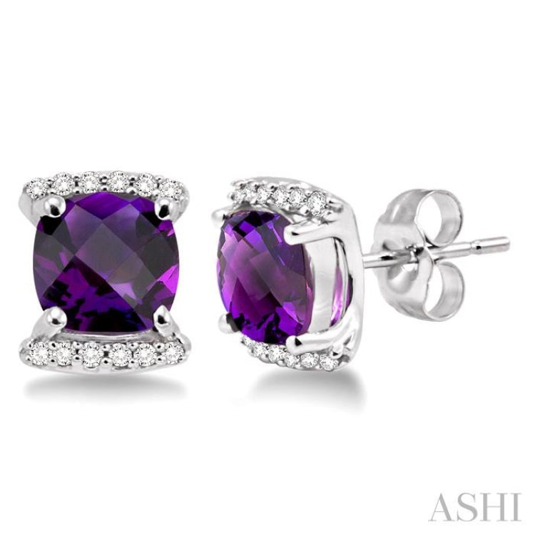 6x6 MM Cushion Shape Amethyst and 1/10 Ctw Round Cut Diamond Earrings in 14K White Gold 6x6 MM Cushion Shape Amethyst and 1/10 Ctw Round Cut Diamond Earrings in 14K White Gold