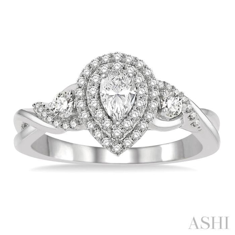 5/8 Ctw Split Twisted Shank Round Cut Diamond Engagement Ring With 1/4 Ct Pear Cut Center Stone in 14K White Gold 5/8 Ctw Split Twisted Shank Round Cut Diamond Engagement Ring With 1/4 Ct Pear Cut Center Stone in 14K White Gold