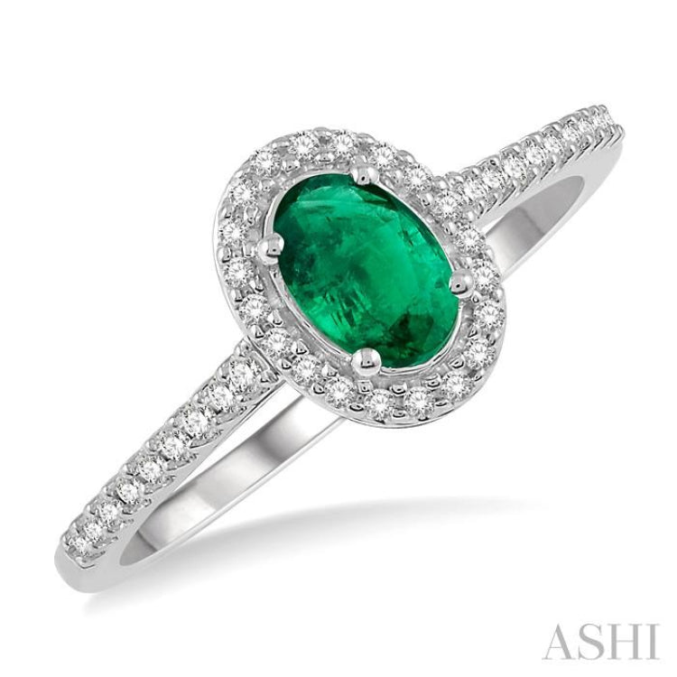 6x4 MM Oval Shape Emerald and 1/5 Ctw Single Cut Diamond Precious Ring in 10K White Gold 6x4 MM Oval Shape Emerald and 1/5 Ctw Single Cut Diamond Precious Ring in 10K White Gold