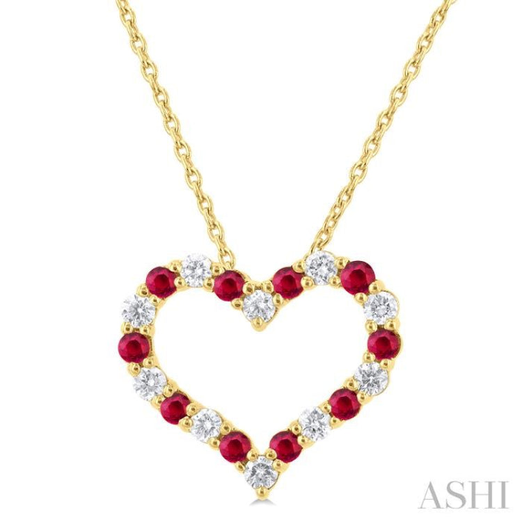 1.80 MM Round Cut Ruby and 1/4 Ctw Open Heart Round Cut Diamond Precious Fashion Pendant With Chain in 14K Yellow Gold 1.80 MM Round Cut Ruby and 1/4 Ctw Open Heart Round Cut Diamond Precious Fashion Pendant With Chain in 14K Yellow Gold