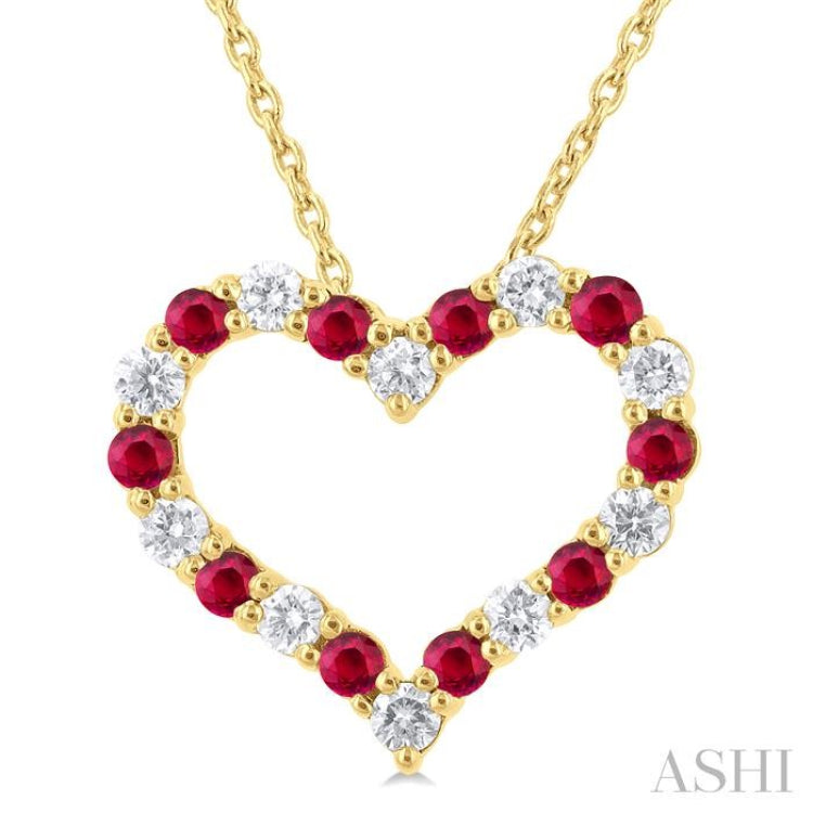 1.80 MM Round Cut Ruby and 1/4 Ctw Open Heart Round Cut Diamond Precious Fashion Pendant With Chain in 14K Yellow Gold 1.80 MM Round Cut Ruby and 1/4 Ctw Open Heart Round Cut Diamond Precious Fashion Pendant With Chain in 14K Yellow Gold