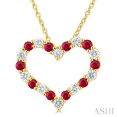 1.80 MM Round Cut Ruby and 1/4 Ctw Open Heart Round Cut Diamond Precious Fashion Pendant With Chain in 14K Yellow Gold 1.80 MM Round Cut Ruby and 1/4 Ctw Open Heart Round Cut Diamond Precious Fashion Pendant With Chain in 14K Yellow Gold