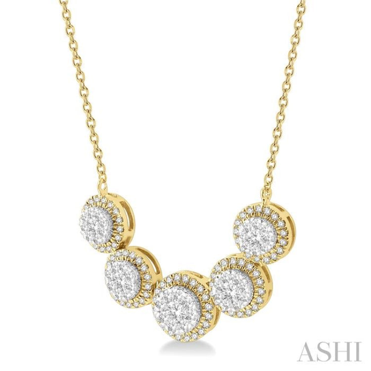 3/4 Ctw Circular Mount Lovebright Round Cut Diamond Necklace in 14K Yellow & White Gold 3/4 Ctw Circular Mount Lovebright Round Cut Diamond Necklace in 14K Yellow & White Gold