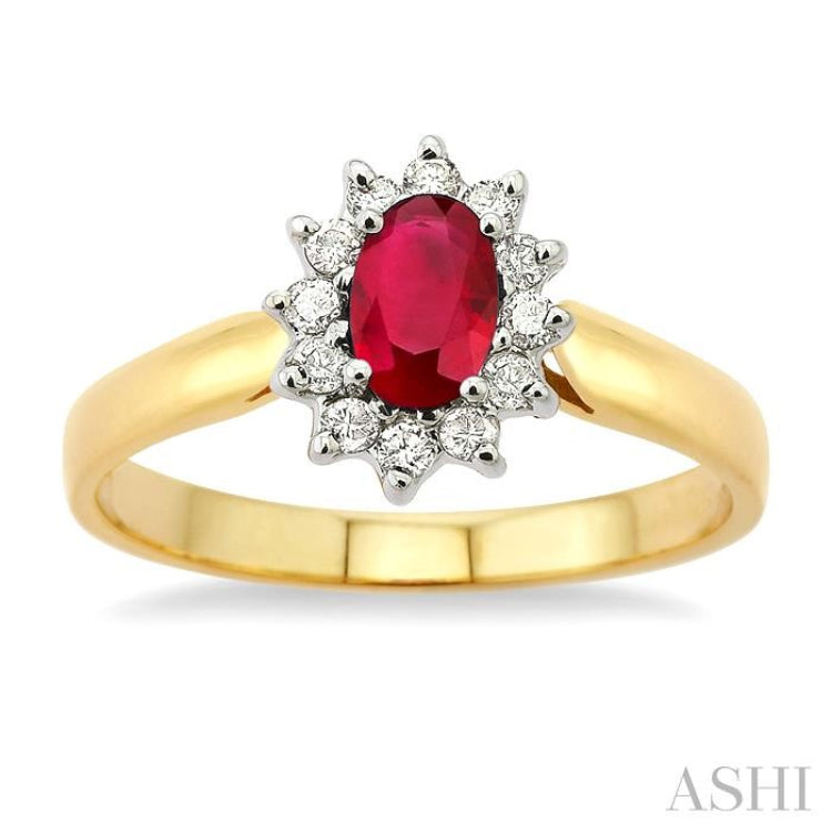 6x4MM Oval Cut Ruby and 1/5 Ctw Round Cut Diamond Ring in 14K Yellow Gold 6x4MM Oval Cut Ruby and 1/5 Ctw Round Cut Diamond Ring in 14K Yellow Gold