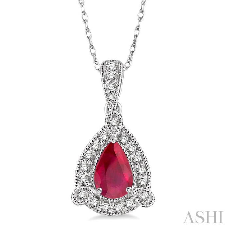 6x4 MM Pear Shape Ruby and 1/10 Ctw Round Cut Diamond Pendant in 14K White Gold with Chain 6x4 MM Pear Shape Ruby and 1/10 Ctw Round Cut Diamond Pendant in 14K White Gold with Chain