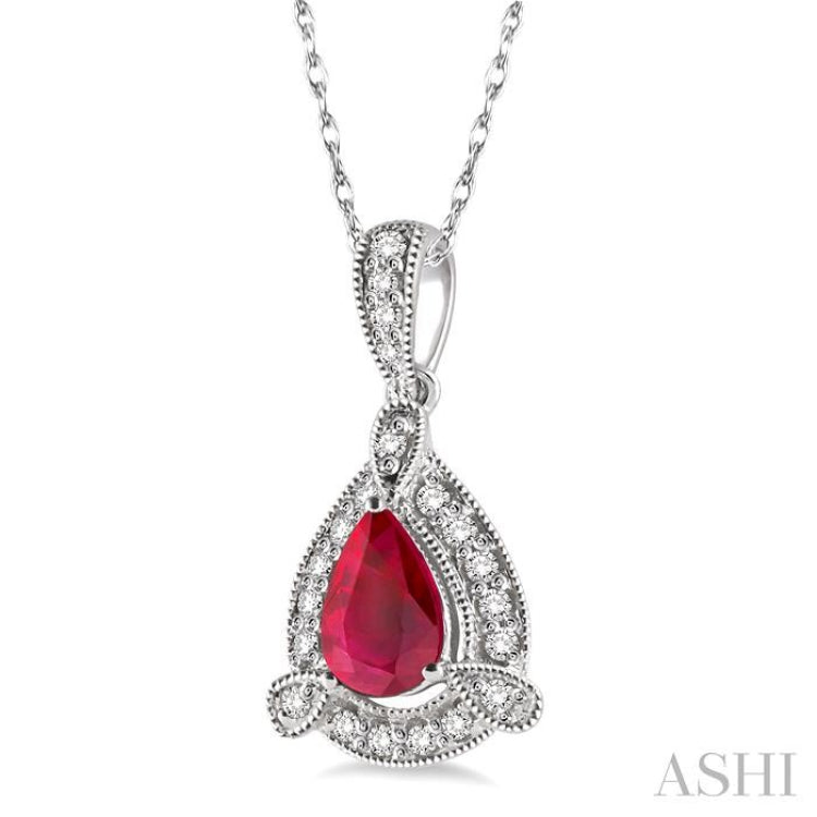 6x4 MM Pear Shape Ruby and 1/10 Ctw Round Cut Diamond Pendant in 14K White Gold with Chain 6x4 MM Pear Shape Ruby and 1/10 Ctw Round Cut Diamond Pendant in 14K White Gold with Chain