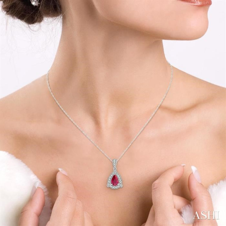 6x4 MM Pear Shape Ruby and 1/10 Ctw Round Cut Diamond Pendant in 14K White Gold with Chain 6x4 MM Pear Shape Ruby and 1/10 Ctw Round Cut Diamond Pendant in 14K White Gold with Chain