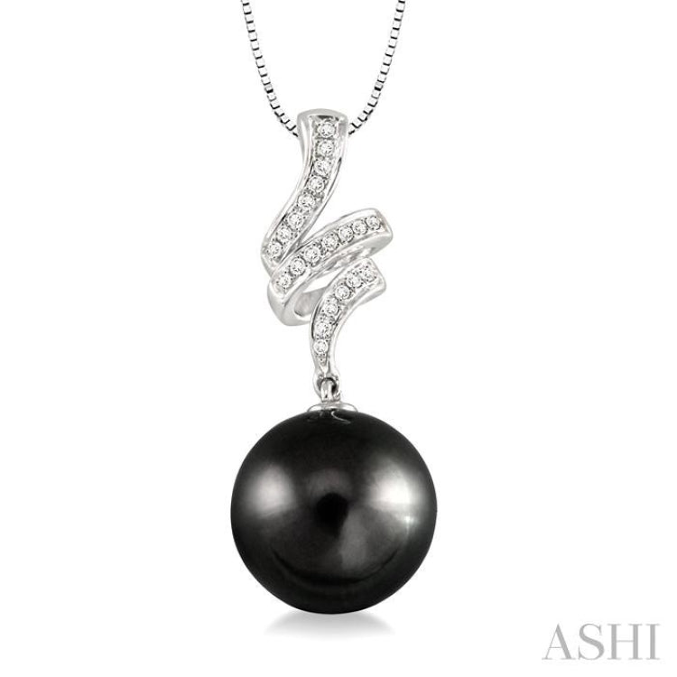 10 MM Black Cultured Pearl and 1/8 Ctw Round Cut Diamond Pendant in 14K White Gold with Chain 10 MM Black Cultured Pearl and 1/8 Ctw Round Cut Diamond Pendant in 14K White Gold with Chain