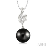 10 MM Black Cultured Pearl and 1/8 Ctw Round Cut Diamond Pendant in 14K White Gold with Chain