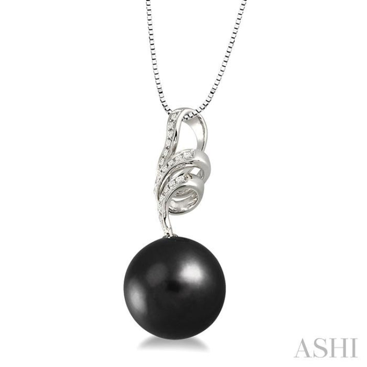 10 MM Black Cultured Pearl and 1/8 Ctw Round Cut Diamond Pendant in 14K White Gold with Chain 10 MM Black Cultured Pearl and 1/8 Ctw Round Cut Diamond Pendant in 14K White Gold with Chain