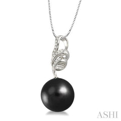 10 MM Black Cultured Pearl and 1/8 Ctw Round Cut Diamond Pendant in 14K White Gold with Chain 10 MM Black Cultured Pearl and 1/8 Ctw Round Cut Diamond Pendant in 14K White Gold with Chain