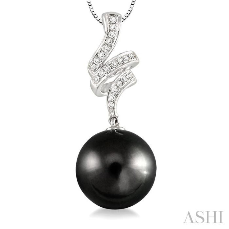 10 MM Black Cultured Pearl and 1/8 Ctw Round Cut Diamond Pendant in 14K White Gold with Chain 10 MM Black Cultured Pearl and 1/8 Ctw Round Cut Diamond Pendant in 14K White Gold with Chain