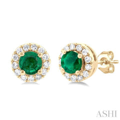 3.25 MM Round Emerald and 1/10 Ctw Single Cut Diamond Halo Precious Stud Earrings in 10K Yellow Gold 3.25 MM Round Emerald and 1/10 Ctw Single Cut Diamond Halo Precious Stud Earrings in 10K Yellow Gold