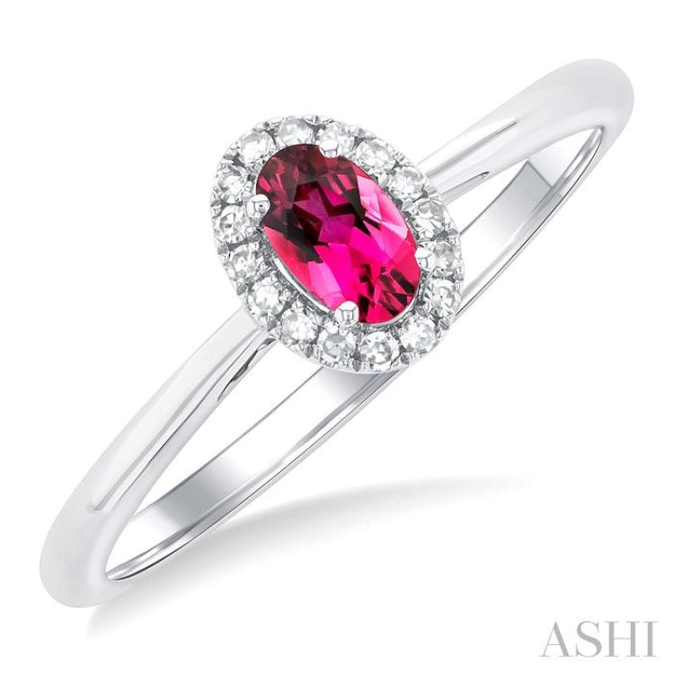 5x3 MM Oval Shape Pink Tourmaline and 1/20 Ctw Single Cut Diamond Halo Semi-Precious Ring in 14K White Gold 5x3 MM Oval Shape Pink Tourmaline and 1/20 Ctw Single Cut Diamond Halo Semi-Precious Ring in 14K White Gold