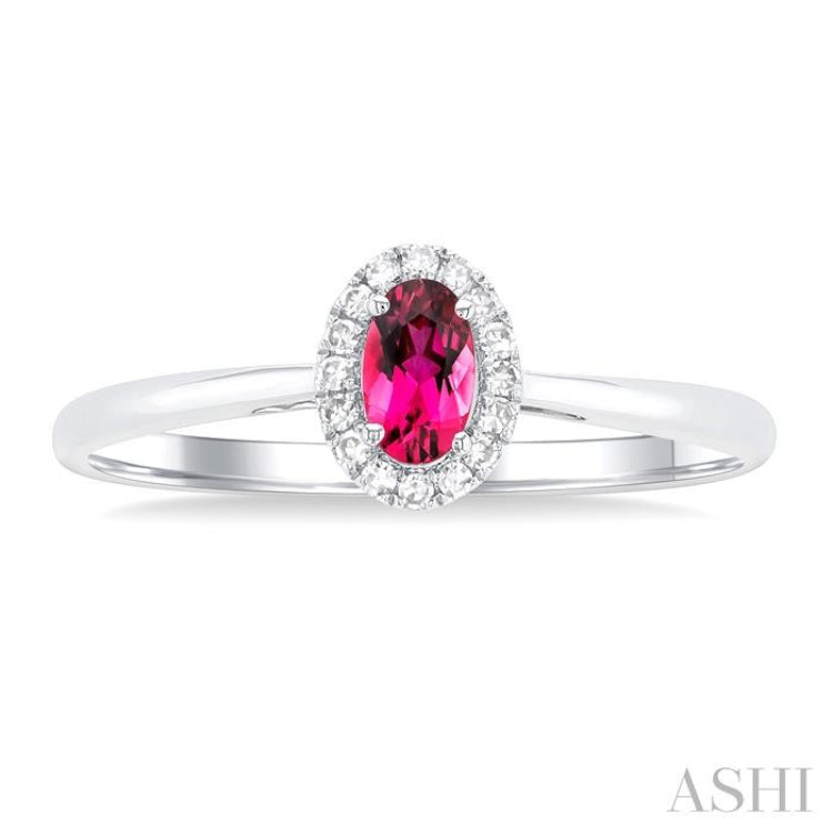 5x3 MM Oval Shape Pink Tourmaline and 1/20 Ctw Single Cut Diamond Halo Semi-Precious Ring in 14K White Gold 5x3 MM Oval Shape Pink Tourmaline and 1/20 Ctw Single Cut Diamond Halo Semi-Precious Ring in 14K White Gold