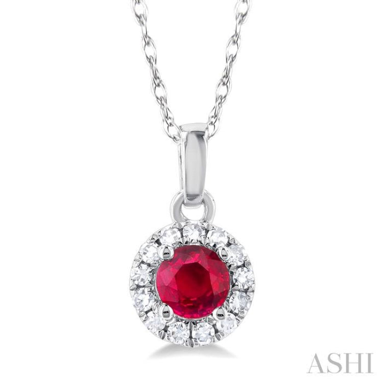 3.25 MM Round Ruby and 1/20 Ctw Single Cut Diamond Halo Precious Pendant with Chain in 10K White Gold 3.25 MM Round Ruby and 1/20 Ctw Single Cut Diamond Halo Precious Pendant with Chain in 10K White Gold