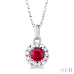 3.25 MM Round Ruby and 1/20 Ctw Single Cut Diamond Halo Precious Pendant with Chain in 10K White Gold 3.25 MM Round Ruby and 1/20 Ctw Single Cut Diamond Halo Precious Pendant with Chain in 10K White Gold