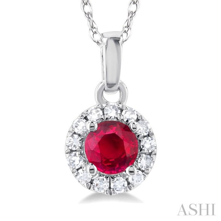 3.25 MM Round Ruby and 1/20 Ctw Single Cut Diamond Halo Precious Pendant with Chain in 10K White Gold 3.25 MM Round Ruby and 1/20 Ctw Single Cut Diamond Halo Precious Pendant with Chain in 10K White Gold