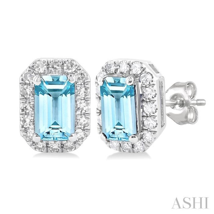 5x3 MM Octagonal Shape Aquamarine and 1/8 Ctw Single Cut Diamond Halo Semi-Precious Stud Earrings in 10K White Gold 5x3 MM Octagonal Shape Aquamarine and 1/8 Ctw Single Cut Diamond Halo Semi-Precious Stud Earrings in 10K White Gold
