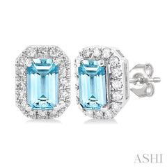 5x3 MM Octagonal Shape Aquamarine and 1/8 Ctw Single Cut Diamond Halo Semi-Precious Stud Earrings in 10K White Gold 5x3 MM Octagonal Shape Aquamarine and 1/8 Ctw Single Cut Diamond Halo Semi-Precious Stud Earrings in 10K White Gold