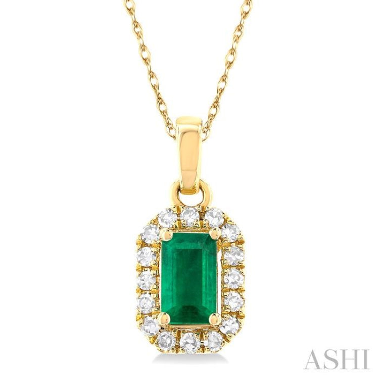5x3 MM Octagonal Shape Emerald and 1/20 Ctw Single Cut Diamond Halo Precious Pendant with Chain in 10K Yellow Gold 5x3 MM Octagonal Shape Emerald and 1/20 Ctw Single Cut Diamond Halo Precious Pendant with Chain in 10K Yellow Gold