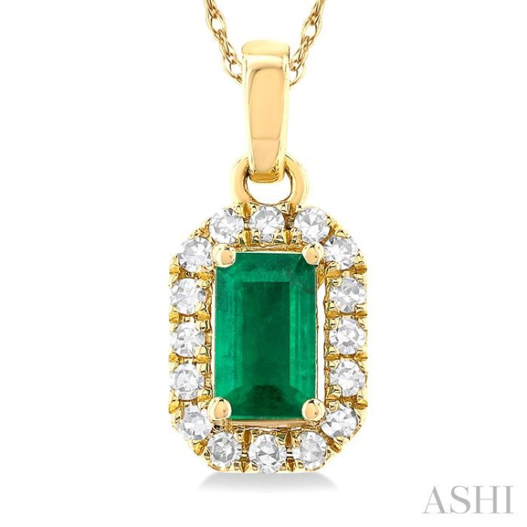 5x3 MM Octagonal Shape Emerald and 1/20 Ctw Single Cut Diamond Halo Precious Pendant with Chain in 10K Yellow Gold 5x3 MM Octagonal Shape Emerald and 1/20 Ctw Single Cut Diamond Halo Precious Pendant with Chain in 10K Yellow Gold