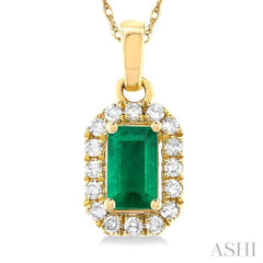5x3 MM Octagonal Shape Emerald and 1/20 Ctw Single Cut Diamond Halo Precious Pendant with Chain in 10K Yellow Gold 5x3 MM Octagonal Shape Emerald and 1/20 Ctw Single Cut Diamond Halo Precious Pendant with Chain in 10K Yellow Gold