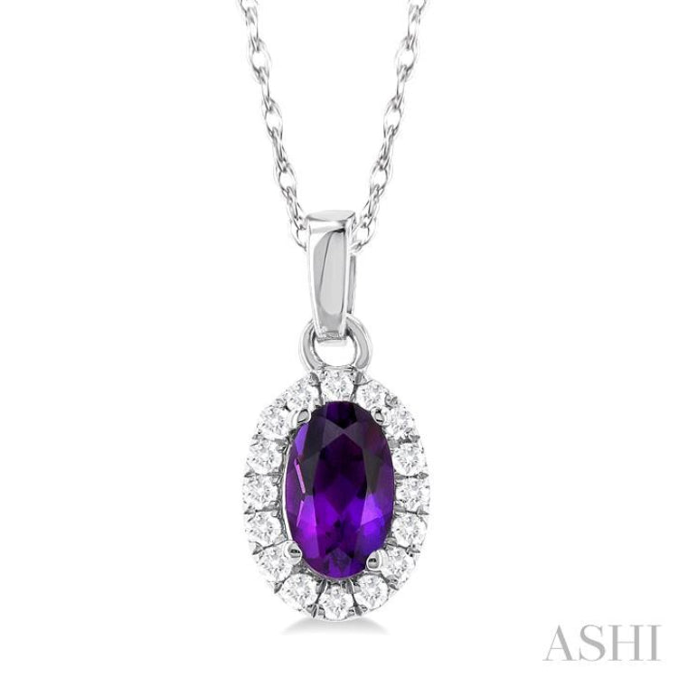 5x3 MM Oval Shape Amethyst and 1/20 Ctw Single Cut Diamond Halo Semi-Precious Pendant with Chain in 10K White Gold 5x3 MM Oval Shape Amethyst and 1/20 Ctw Single Cut Diamond Halo Semi-Precious Pendant with Chain in 10K White Gold