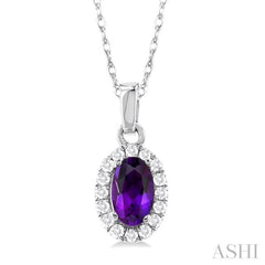 5x3 MM Oval Shape Amethyst and 1/20 Ctw Single Cut Diamond Halo Semi-Precious Pendant with Chain in 10K White Gold 5x3 MM Oval Shape Amethyst and 1/20 Ctw Single Cut Diamond Halo Semi-Precious Pendant with Chain in 10K White Gold