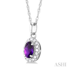 5x3 MM Oval Shape Amethyst and 1/20 Ctw Single Cut Diamond Halo Semi-Precious Pendant with Chain in 10K White Gold 5x3 MM Oval Shape Amethyst and 1/20 Ctw Single Cut Diamond Halo Semi-Precious Pendant with Chain in 10K White Gold