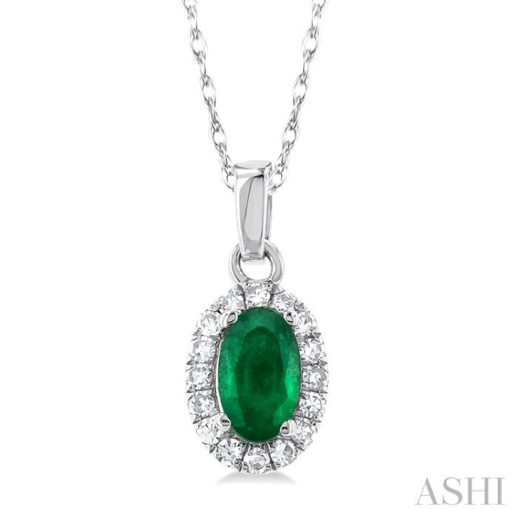 5x3 MM Oval Shape Emerald and 1/20 Ctw Single Cut Diamond Halo Precious Pendant with Chain in 10K White Gold 5x3 MM Oval Shape Emerald and 1/20 Ctw Single Cut Diamond Halo Precious Pendant with Chain in 10K White Gold