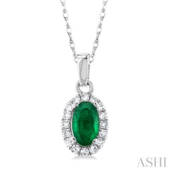 5x3 MM Oval Shape Emerald and 1/20 Ctw Single Cut Diamond Halo Precious Pendant with Chain in 10K White Gold 5x3 MM Oval Shape Emerald and 1/20 Ctw Single Cut Diamond Halo Precious Pendant with Chain in 10K White Gold