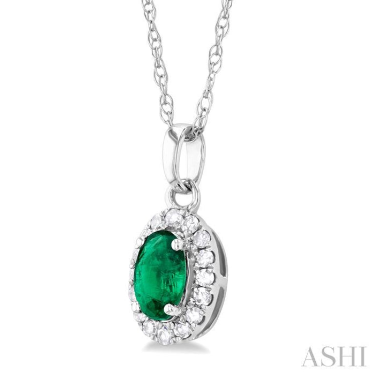 5x3 MM Oval Shape Emerald and 1/20 Ctw Single Cut Diamond Halo Precious Pendant with Chain in 10K White Gold 5x3 MM Oval Shape Emerald and 1/20 Ctw Single Cut Diamond Halo Precious Pendant with Chain in 10K White Gold