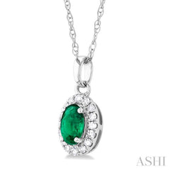 5x3 MM Oval Shape Emerald and 1/20 Ctw Single Cut Diamond Halo Precious Pendant with Chain in 10K White Gold 5x3 MM Oval Shape Emerald and 1/20 Ctw Single Cut Diamond Halo Precious Pendant with Chain in 10K White Gold