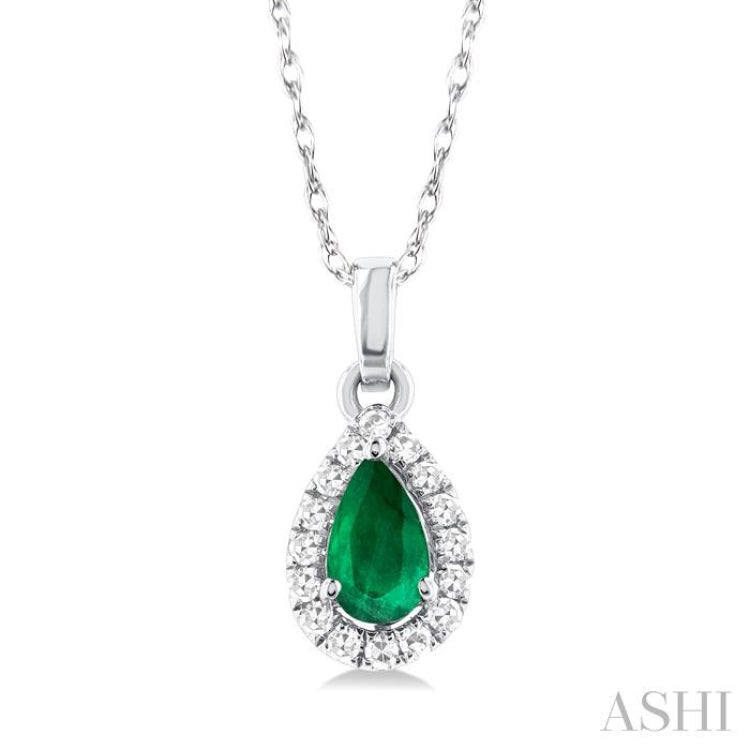 5x3 MM Pear Shape Emerald and 1/20 Ctw Single Cut Diamond Halo Precious Pendant with Chain in 10K White Gold 5x3 MM Pear Shape Emerald and 1/20 Ctw Single Cut Diamond Halo Precious Pendant with Chain in 10K White Gold