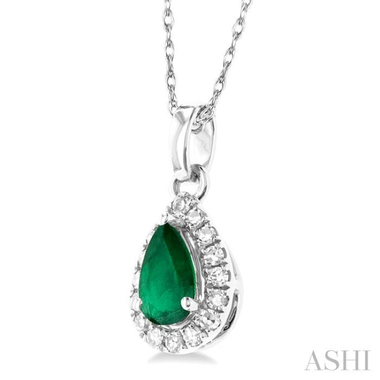 5x3 MM Pear Shape Emerald and 1/20 Ctw Single Cut Diamond Halo Precious Pendant with Chain in 10K White Gold 5x3 MM Pear Shape Emerald and 1/20 Ctw Single Cut Diamond Halo Precious Pendant with Chain in 10K White Gold