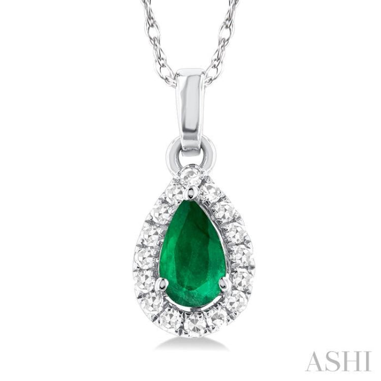 5x3 MM Pear Shape Emerald and 1/20 Ctw Single Cut Diamond Halo Precious Pendant with Chain in 10K White Gold 5x3 MM Pear Shape Emerald and 1/20 Ctw Single Cut Diamond Halo Precious Pendant with Chain in 10K White Gold