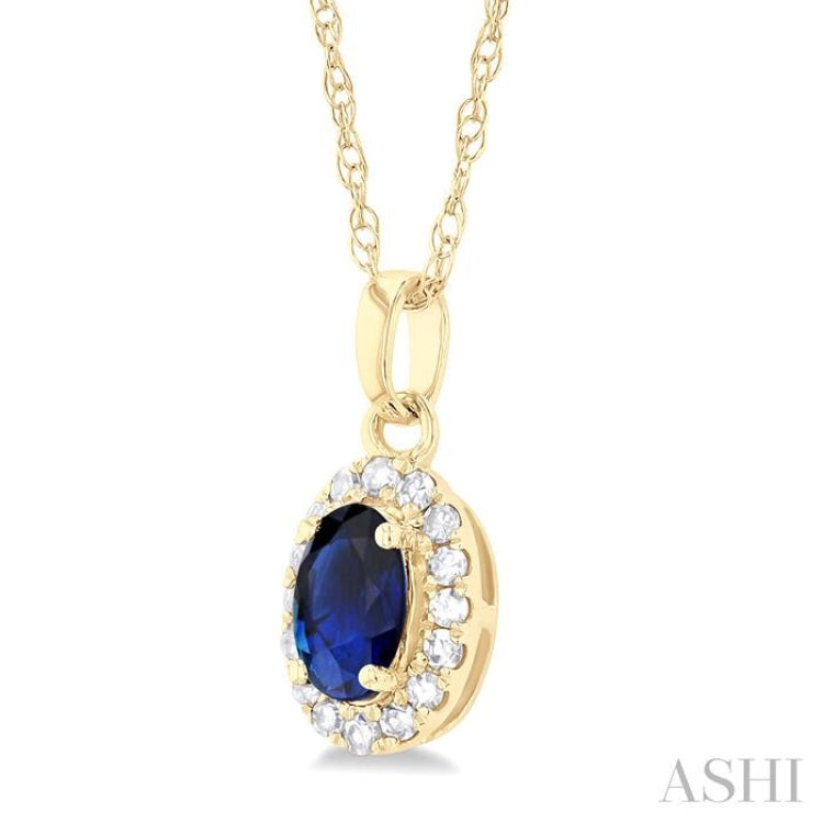 5x3 MM Oval Shape Sapphire and 1/20 Ctw Single Cut Diamond Halo Precious Pendant with Chain in 10K Yellow Gold 5x3 MM Oval Shape Sapphire and 1/20 Ctw Single Cut Diamond Halo Precious Pendant with Chain in 10K Yellow Gold