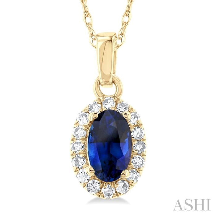5x3 MM Oval Shape Sapphire and 1/20 Ctw Single Cut Diamond Halo Precious Pendant with Chain in 10K Yellow Gold 5x3 MM Oval Shape Sapphire and 1/20 Ctw Single Cut Diamond Halo Precious Pendant with Chain in 10K Yellow Gold