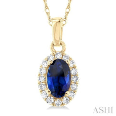 5x3 MM Oval Shape Sapphire and 1/20 Ctw Single Cut Diamond Halo Precious Pendant with Chain in 10K Yellow Gold 5x3 MM Oval Shape Sapphire and 1/20 Ctw Single Cut Diamond Halo Precious Pendant with Chain in 10K Yellow Gold