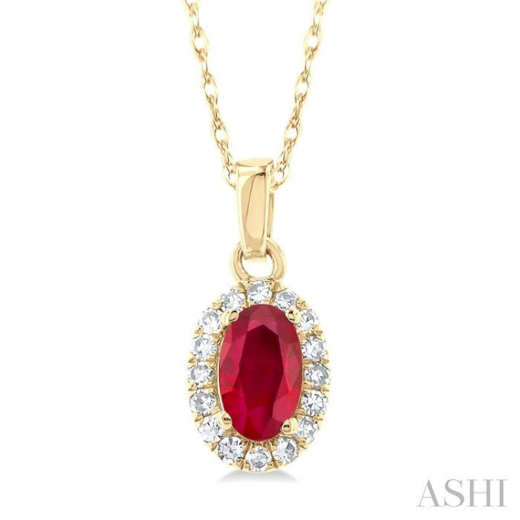 5x3 MM Oval Shape Ruby and 1/20 Ctw Single Cut Diamond Halo Precious Pendant with Chain in 10K Yellow Gold 5x3 MM Oval Shape Ruby and 1/20 Ctw Single Cut Diamond Halo Precious Pendant with Chain in 10K Yellow Gold