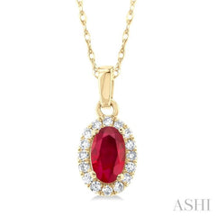 5x3 MM Oval Shape Ruby and 1/20 Ctw Single Cut Diamond Halo Precious Pendant with Chain in 10K Yellow Gold 5x3 MM Oval Shape Ruby and 1/20 Ctw Single Cut Diamond Halo Precious Pendant with Chain in 10K Yellow Gold